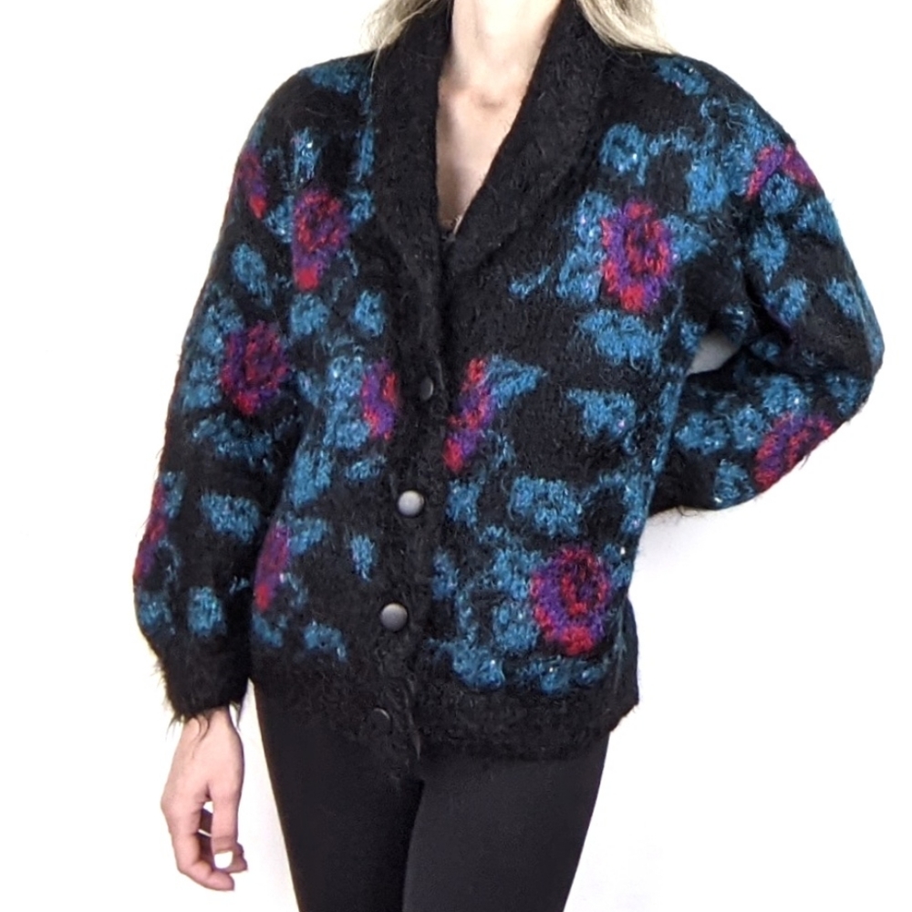 Atlandia Black Floral Mohair Button Front Cardigan